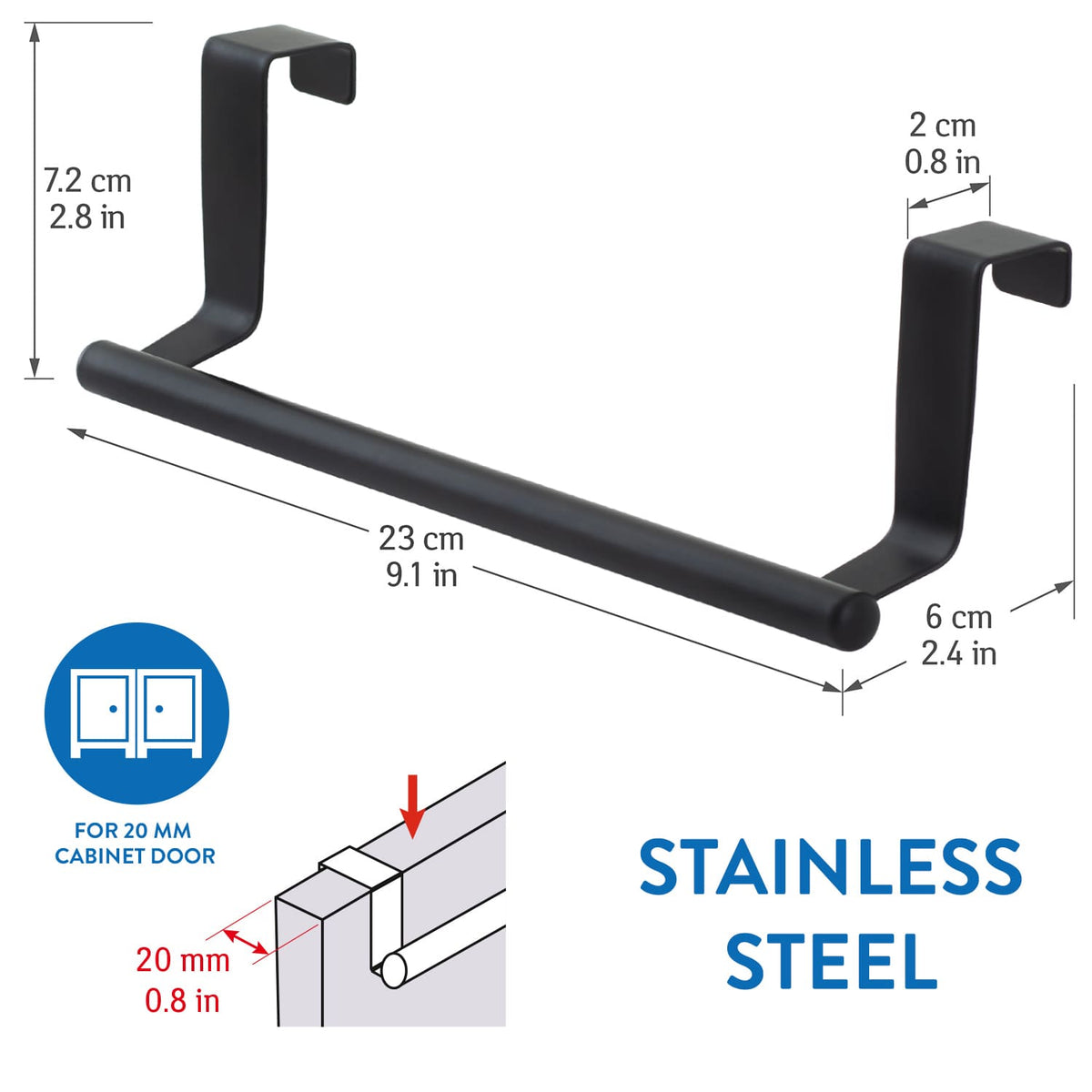 Porte Serviettes Torchons sur Porte, Barre Acier Inox à Suspendre sur Porte de Placard, Tatkraft Horizon Black, 1