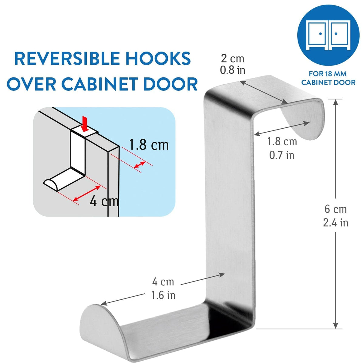 Tatkraft Seger 6 Crochets de Porte en Acier Inoxydable, Réversibles pour Porte Standart et Placard Armoire, Jusqu’à 5 kg, 2