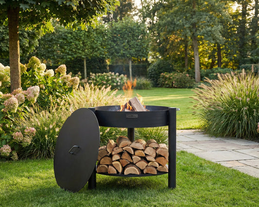 Cook King – Pack Brasero de jardin haut « MONTANA » 80 cm avec couvercle 82 cm — mise en situation