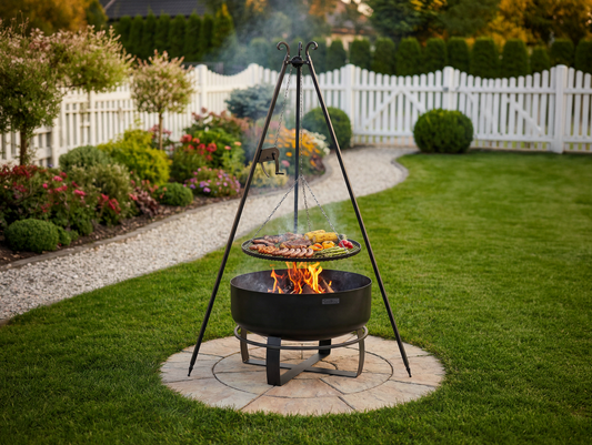 Cook King – Pack Brasero de jardin XXL « VIKING » 80 cm avec barbecue sur trépied 180 cm avec manivelle et grille de cuisson en acier brut 70 cm — mise en situation