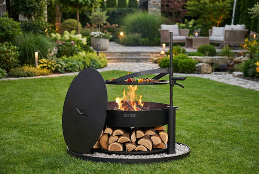 Cook King – Pack Brasero de jardin multifonction « MONTANA X » 80 cm avec grille de cuisson 60 cm, couvercle 82,0 cm et base décorative ronde en pierre 100 cm — mise en situation
