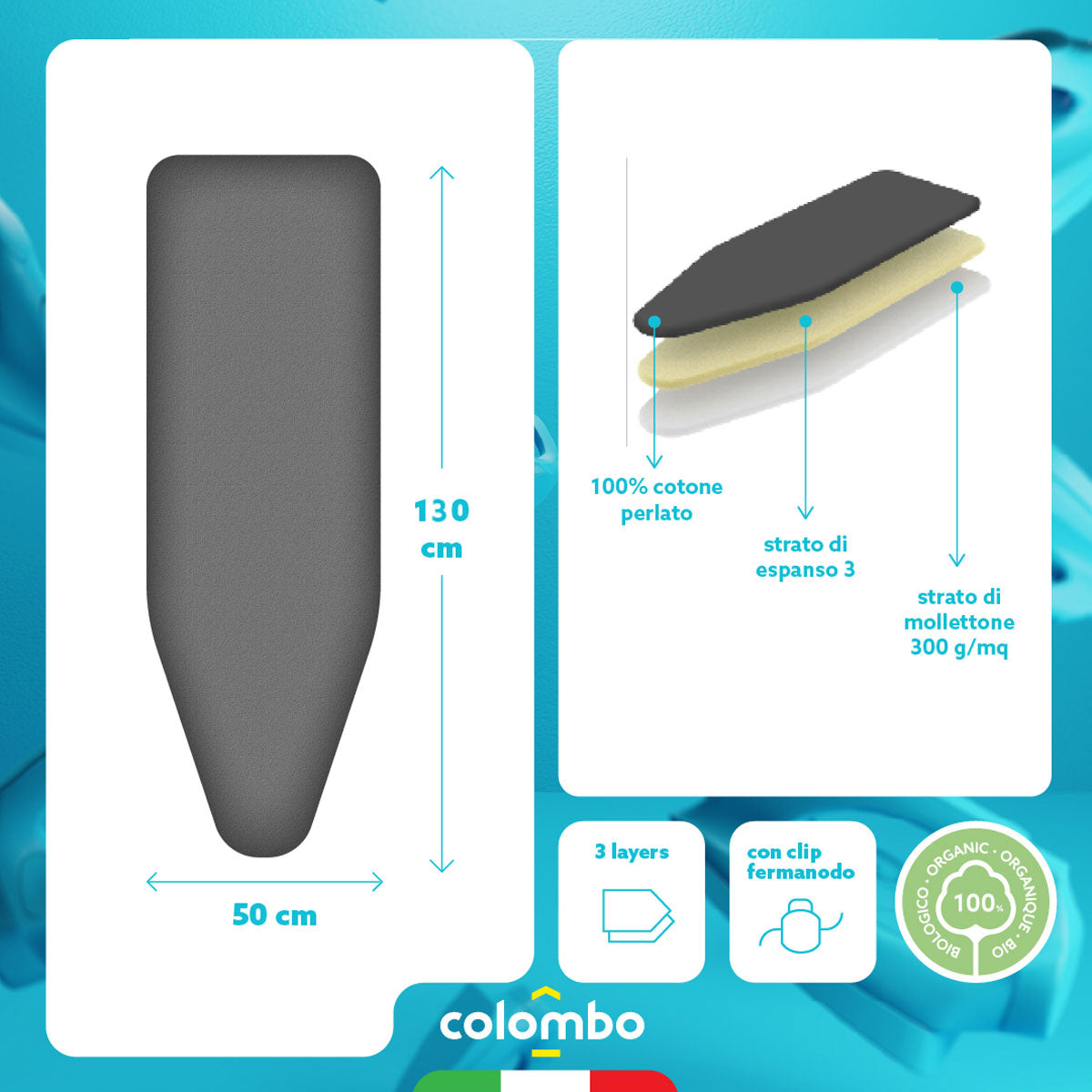 Colombo Perlate L - Housse Table à Repasser, Housse Table a Repasser 130x50 cm, Housse 3 Épaisseurs