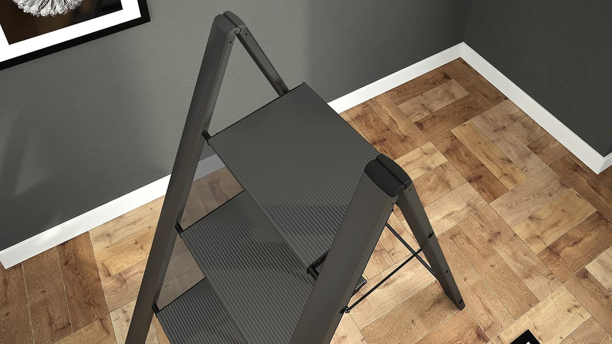 Escabeau 3 marches, Escabeau Pliable, jusqu'à 150 kg de charge, aluminium, Noir, Colombo Leonardo 3 , 3
