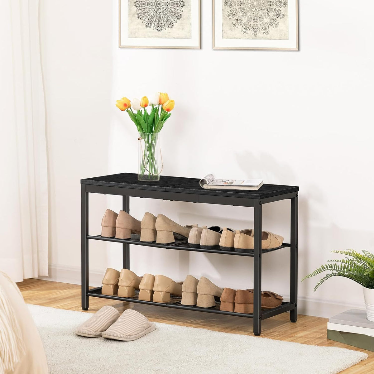 Étagère à chaussures, 3 Niveaux, Banc à Chaussures, avec 2 étagères en maille, Étagère étroite, Étagère en métal, Noir, HOOBRO, 1