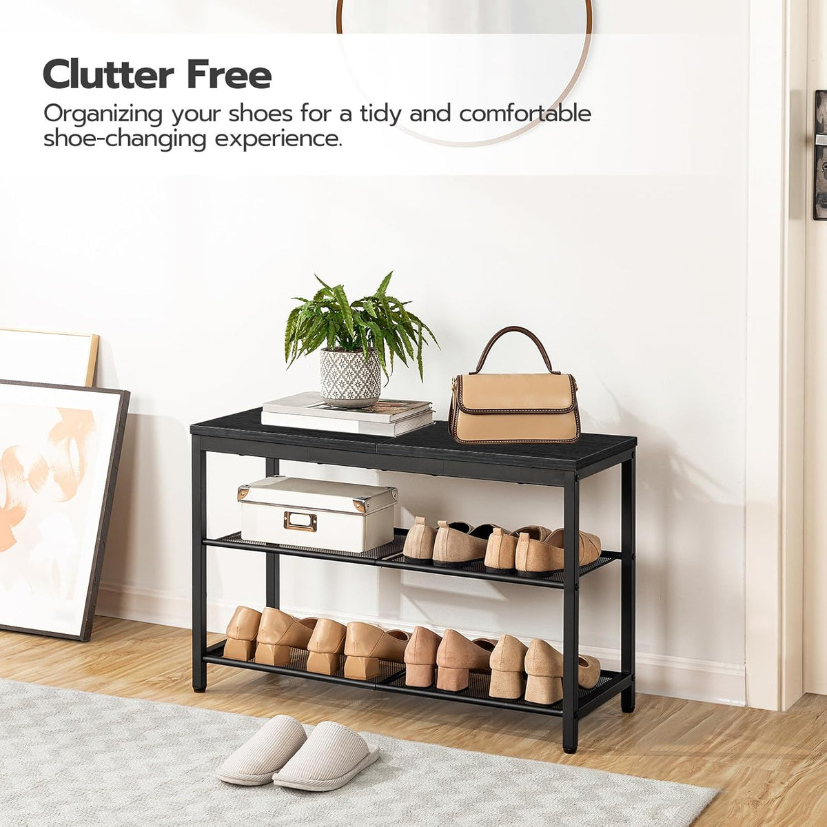 Étagère à chaussures, 3 Niveaux, Banc à Chaussures, avec 2 étagères en maille, Étagère étroite, Étagère en métal, Noir, HOOBRO, 6