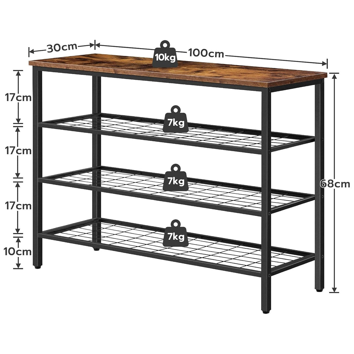 Étagère à Chaussures, 4 Niveaux, Étagère en métal, avec 3 étagères en filet, Étagère étroite, Marron Noir, HOOBRO, 3