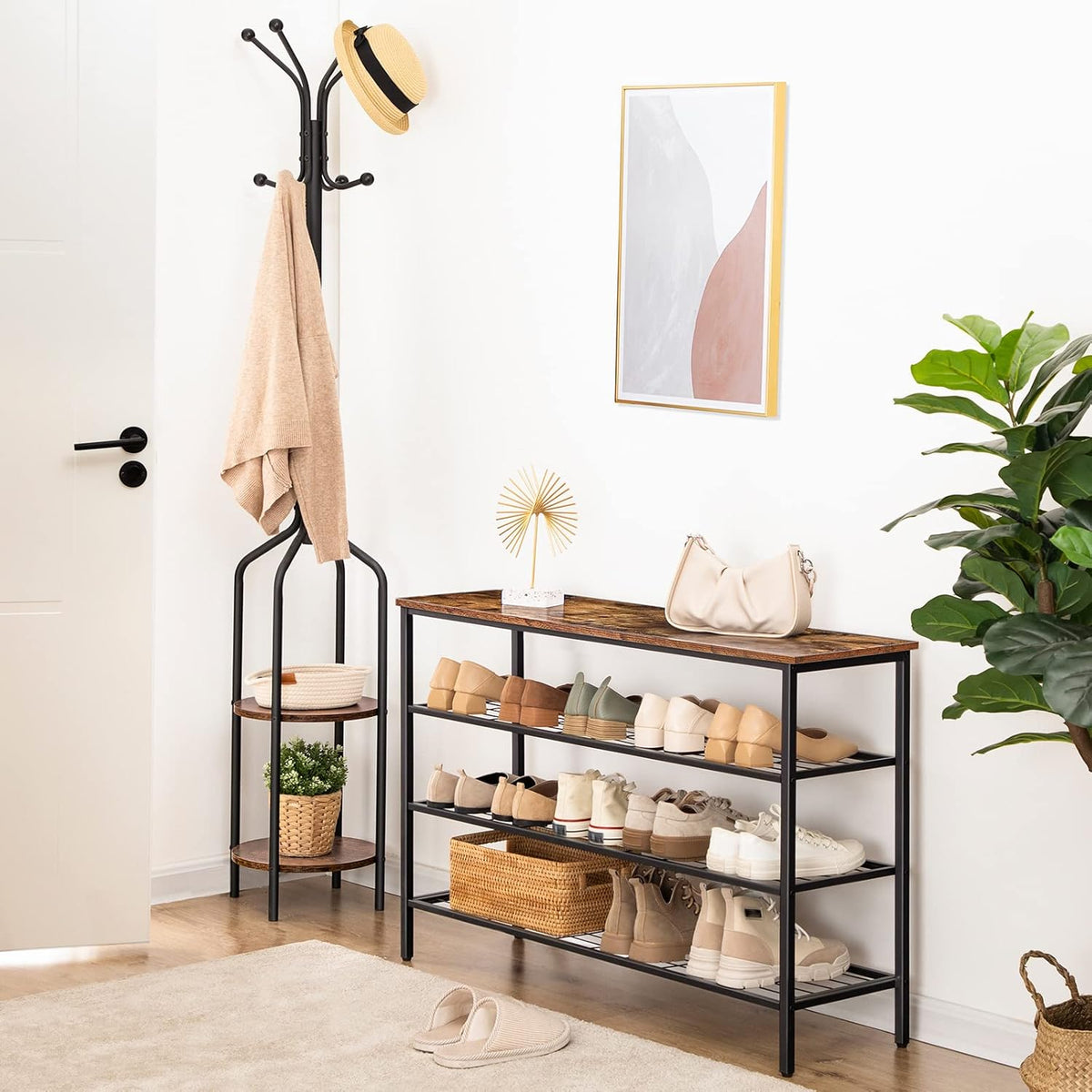 Étagère à Chaussures, 4 Niveaux, Étagère en métal, avec 3 étagères en filet, Étagère étroite, Marron Noir, HOOBRO, 2