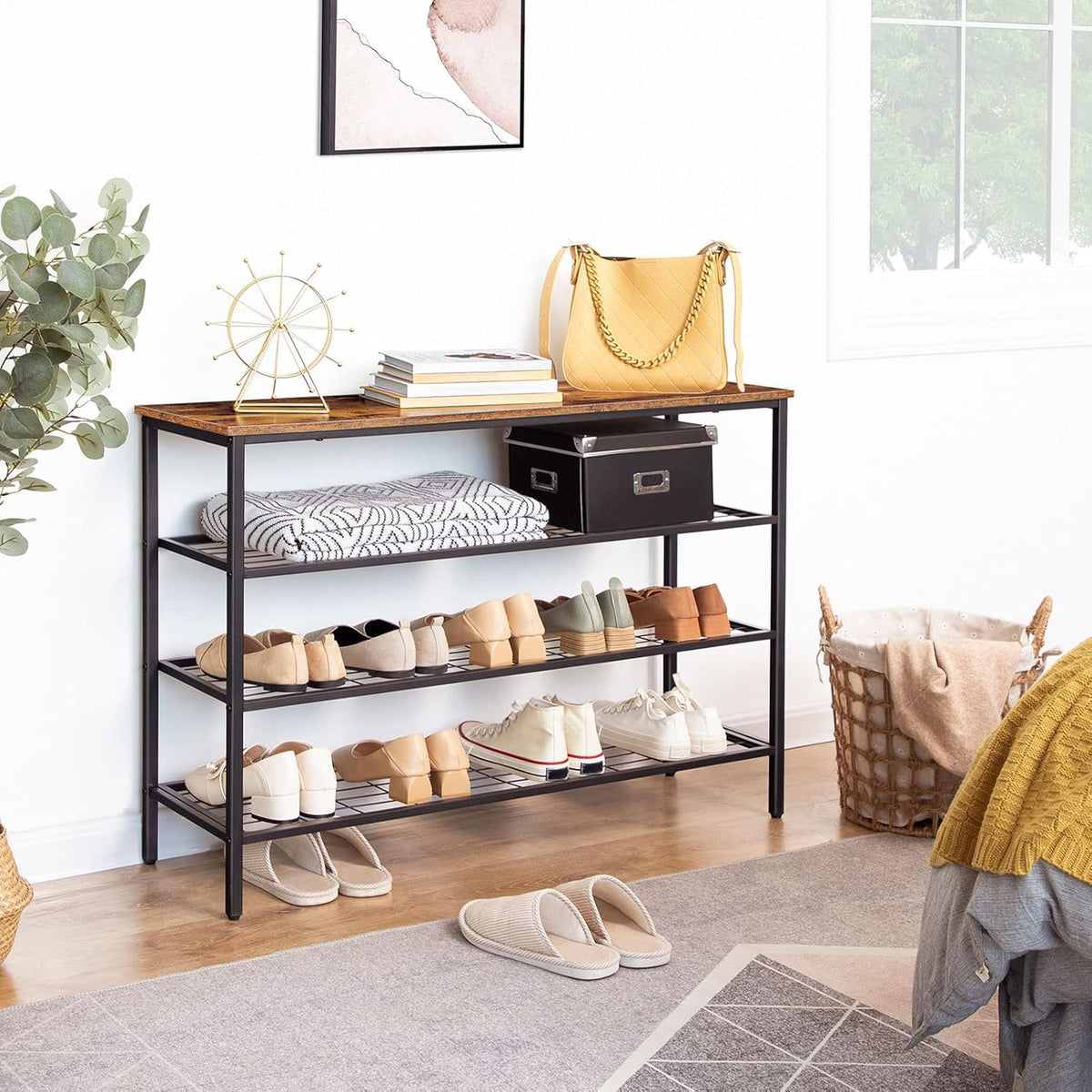 Étagère à Chaussures, 4 Niveaux, Étagère en métal, avec 3 étagères en filet, Étagère étroite, Marron Noir, HOOBRO, 1