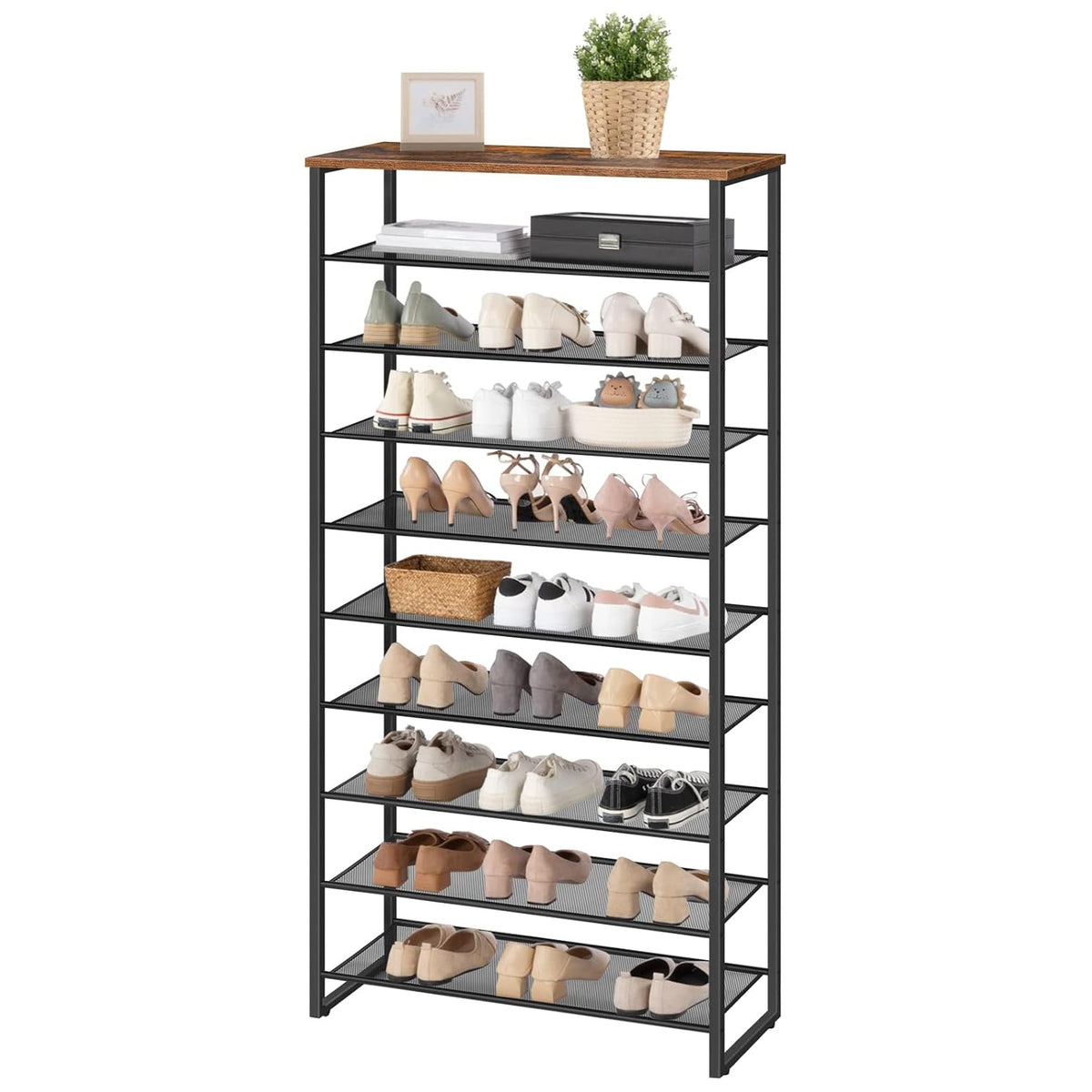 Étagère à chaussures, 10 Niveaux, pour 32-40 Paires, Étagère étroite, 75x28,5x159cm, Étagère en métal, Marron Noir, HOOBRO, 7