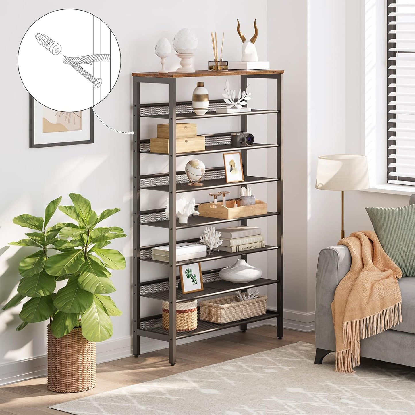 Étagère à Chaussures, 8 Niveaux, Étagère en métal, 7 Étagère réglable, pour 21-28 Paires, Étagère étroite, Marron Noir, HOOBRO, 8