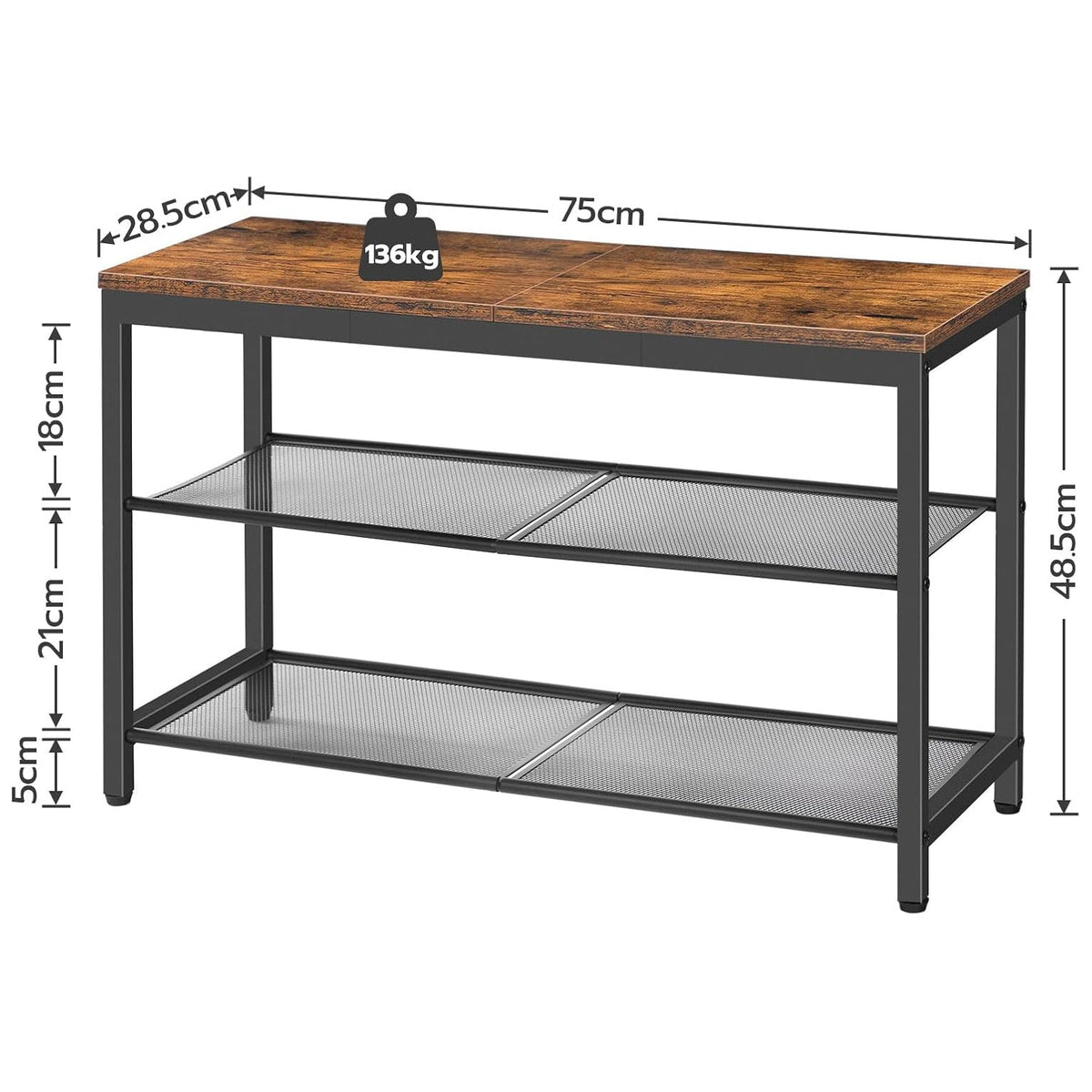 Étagère à chaussures, 3 Niveaux, Banc à Chaussures, avec 2 étagères en maille, Étagère étroite, Étagère en métal, Noir Brun, HOOBRO, 3