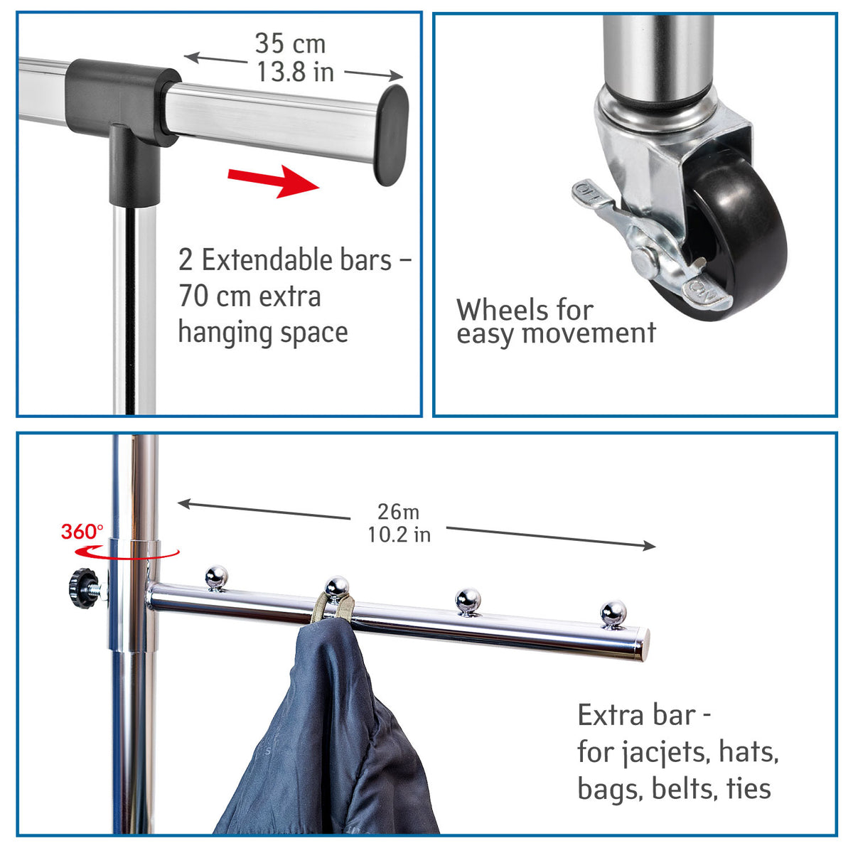 Portant Robuste pour Vêtements en Acier, Penderie sur 4 Roues, Réglable en Largeur et Hauteur, 45 cintres, 5