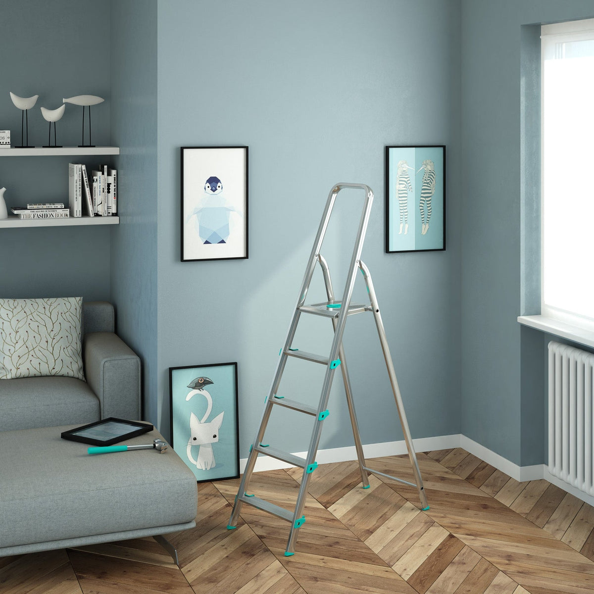 Escabeau 5 marches, Escabeau Pliable, Escabeau Sécurisé, Hauteur 106cm, Charge max.150kg, Aluminium, Colombo LIBELLULA , 2