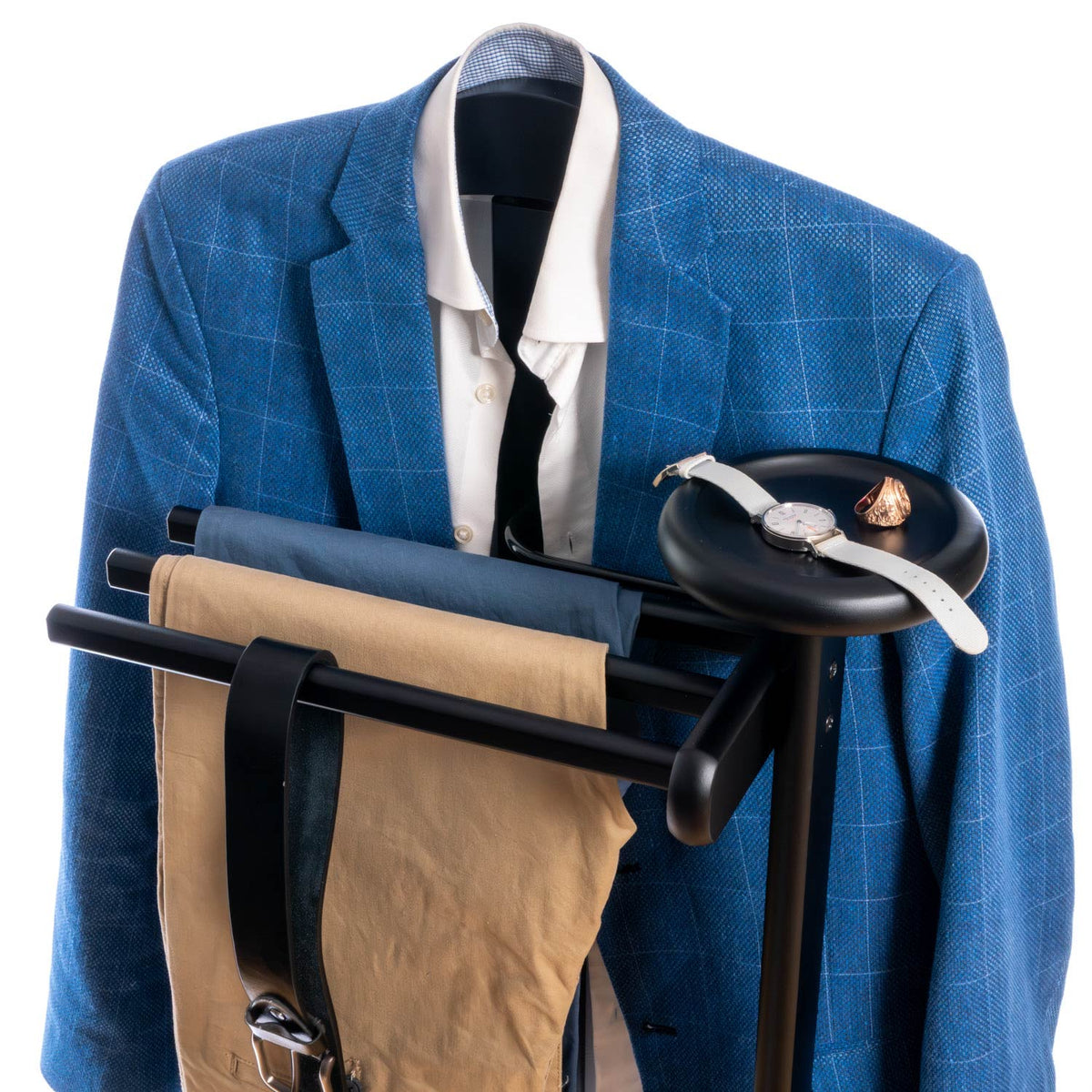 Valet de Nuit, Valet de Chambre Bois, Composé d'un cintre, 3 porte-pantalons et d'une tablette de rangement, Noir, Tatkraft Baron, 4