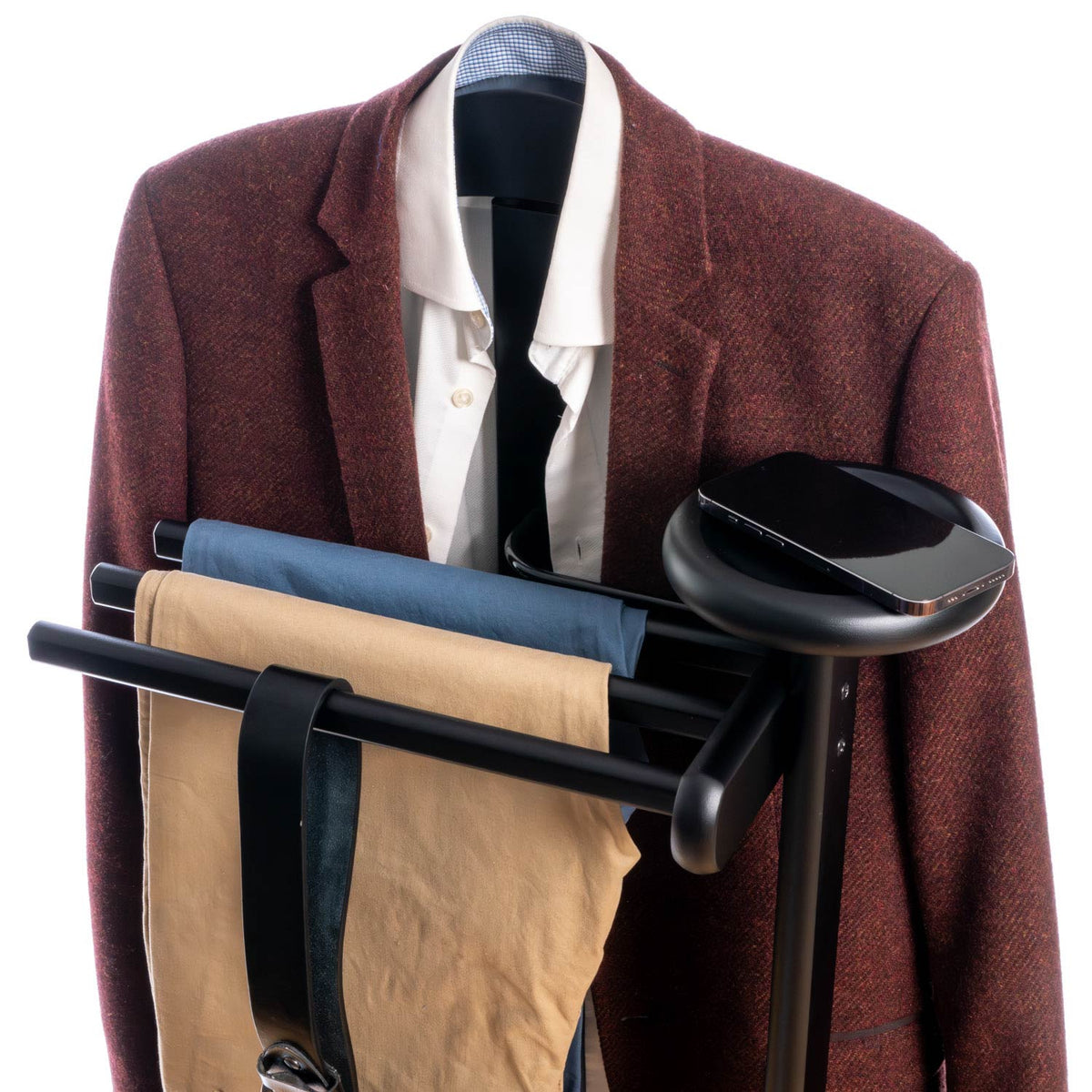 Valet de Nuit, Valet de Chambre Bois, Composé d'un cintre, 3 porte-pantalons et d'une tablette de rangement, Noir, Tatkraft Baron, 7