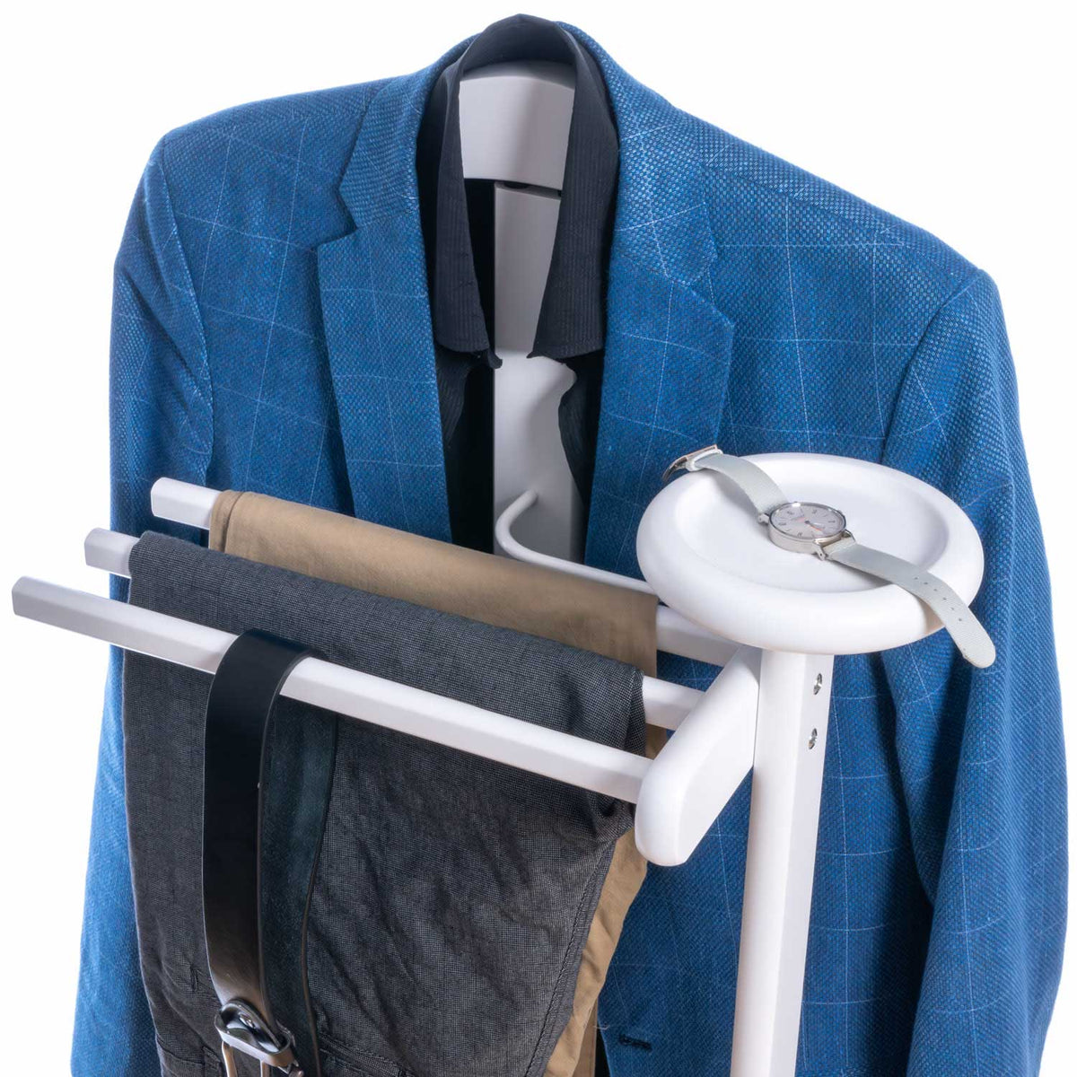 Valet de Chambre Bois, Composé d'un cintre, 3 porte-pantalons et d'une tablette de rangement, blanc, Tatkraft Graf, 6