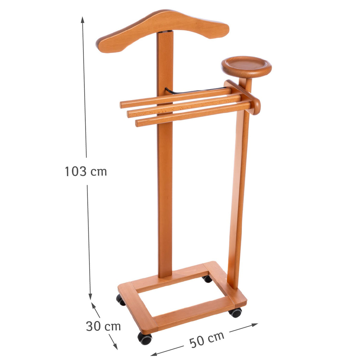 Valet de Chambre Bois, Composé d'un cintre, de 3 porte-pantalons et d'une tablette de rangement, cerise, Tatkraft Lord, 11
