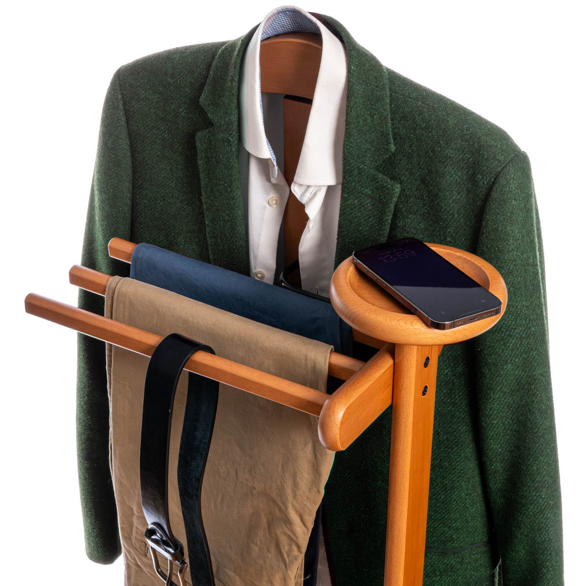 Valet de Chambre Bois, Composé d'un cintre, de 3 porte-pantalons et d'une tablette de rangement, cerise, Tatkraft Lord, 9