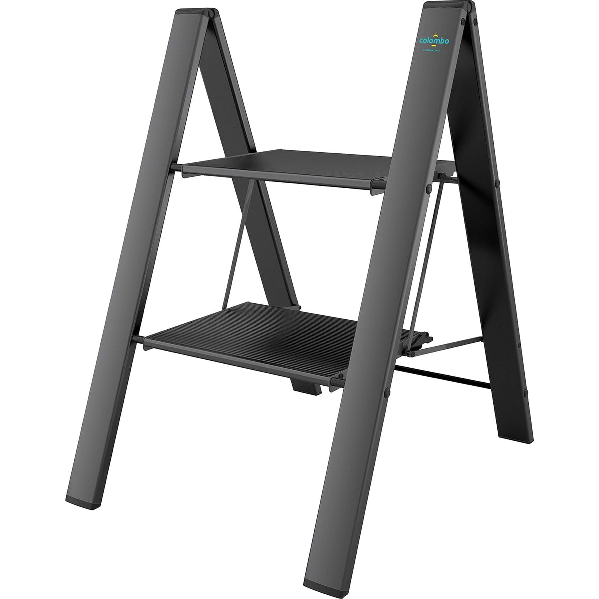 Escabeau 2 Marches, Petit Escabeau Pliable, aluminium, jusqu'à 150 kg antidérapant, Noir, Colombo Leonardo 2 , 1