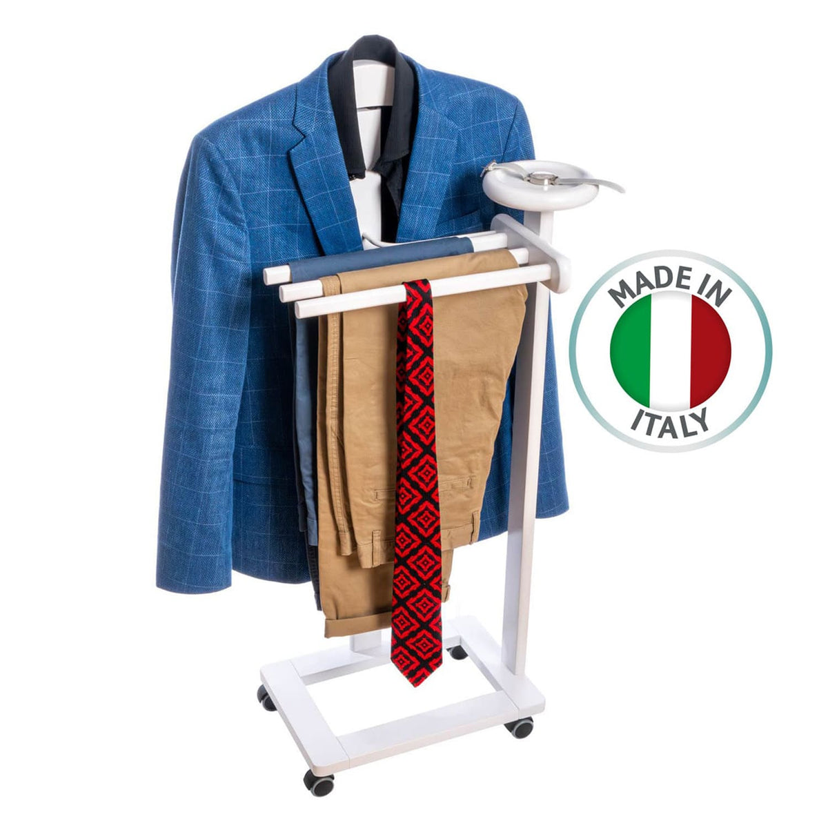 Valet de Chambre Bois, Composé d'un cintre, 3 porte-pantalons et d'une tablette de rangement, blanc, Tatkraft Graf, it