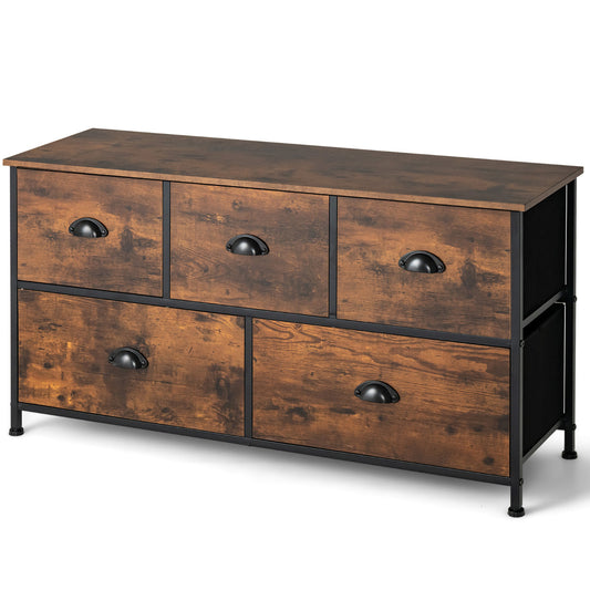 Commode, Meuble de Rangement, avec 5 Tiroirs Non-Tissés 100x30x54 cm, Cadre en Métal Surface en MDF, Commode Vintage, Costway, 1