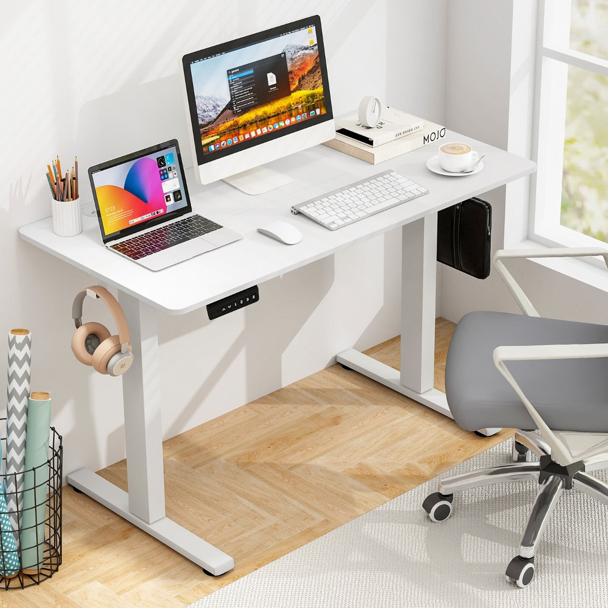 Bureau Electrique, Bureau Assis Debout Electrique, Bureau Assis Debout, 3 Hauteurs de Mémoire, Bureau Ordinateur, Costway, 3