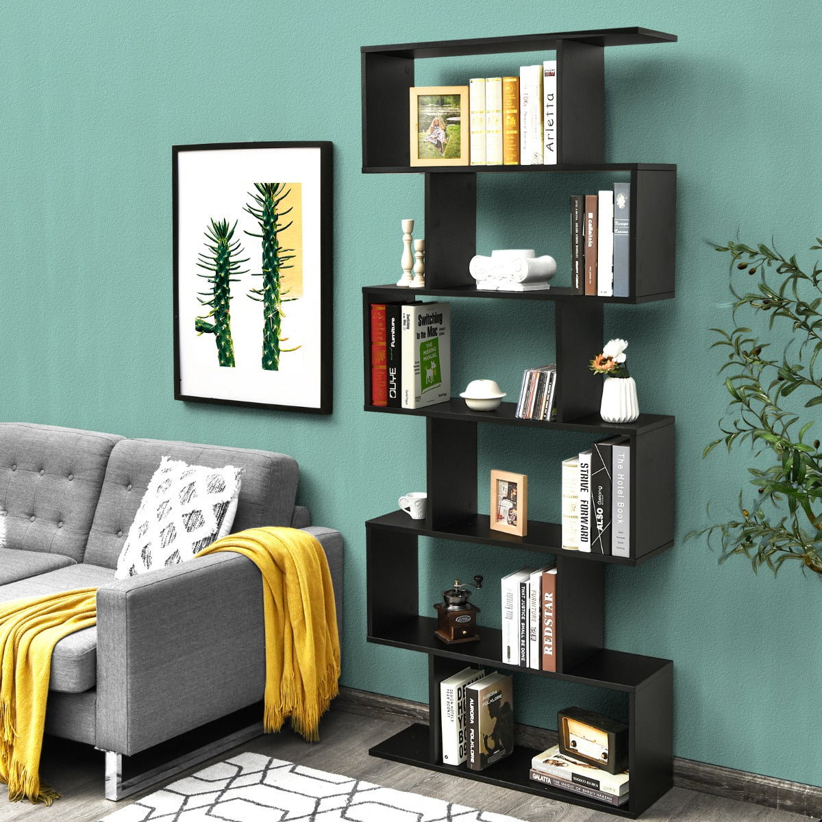 Étagère Bibliothèque, 6 Niveaux, Etagere de Rangement, Etagere Colonne, Etagere Salon, Noir, Costway, 2