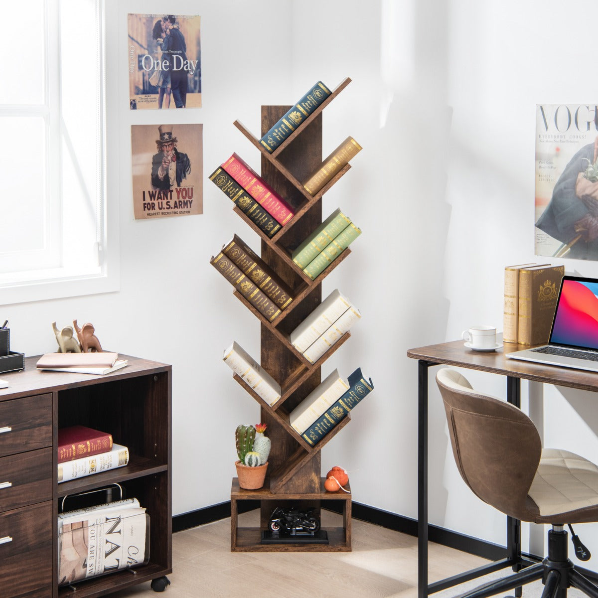 Étagère Bibliothèque, Etagere Colonne, Etagere Salon, Etagere de Rangement, 10 Niveaux avec Tiroir, Brun Rustique, Costway, 3