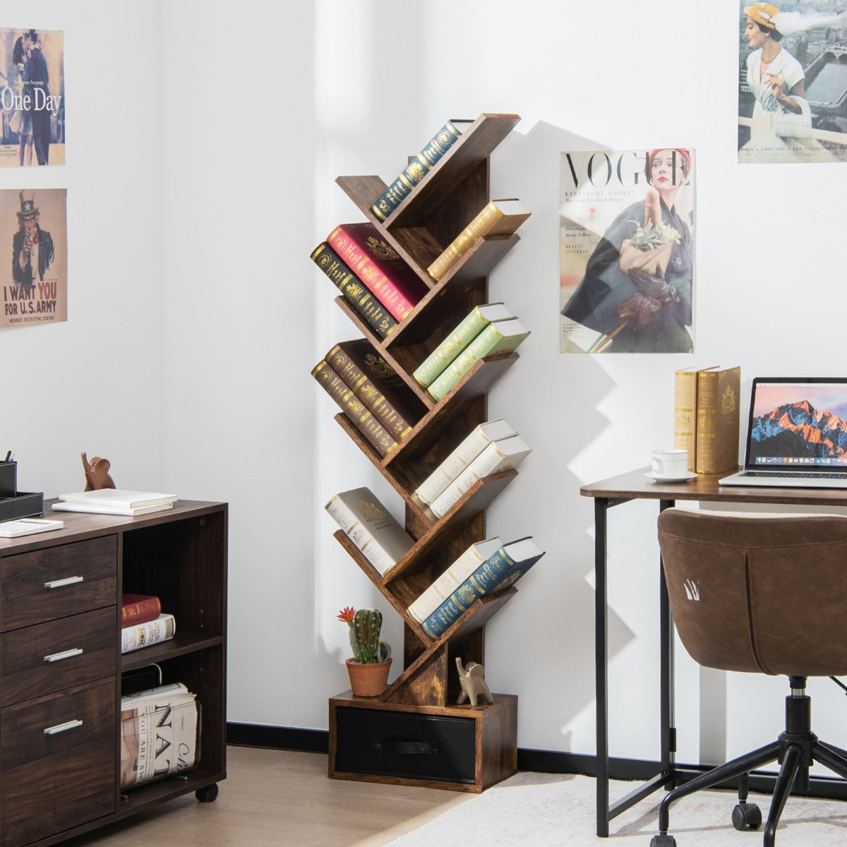 Étagère Bibliothèque, Etagere Colonne, Etagere Salon, Etagere de Rangement, 10 Niveaux avec Tiroir, Brun Rustique, Costway, 2
