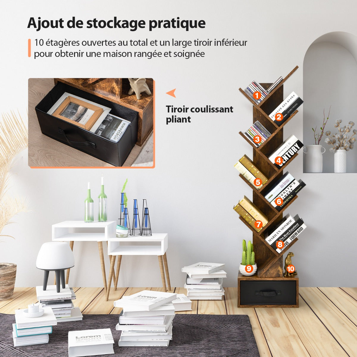 Étagère Bibliothèque, Etagere Colonne, Etagere Salon, Etagere de Rangement, 10 Niveaux avec Tiroir, Brun Rustique, Costway, 5
