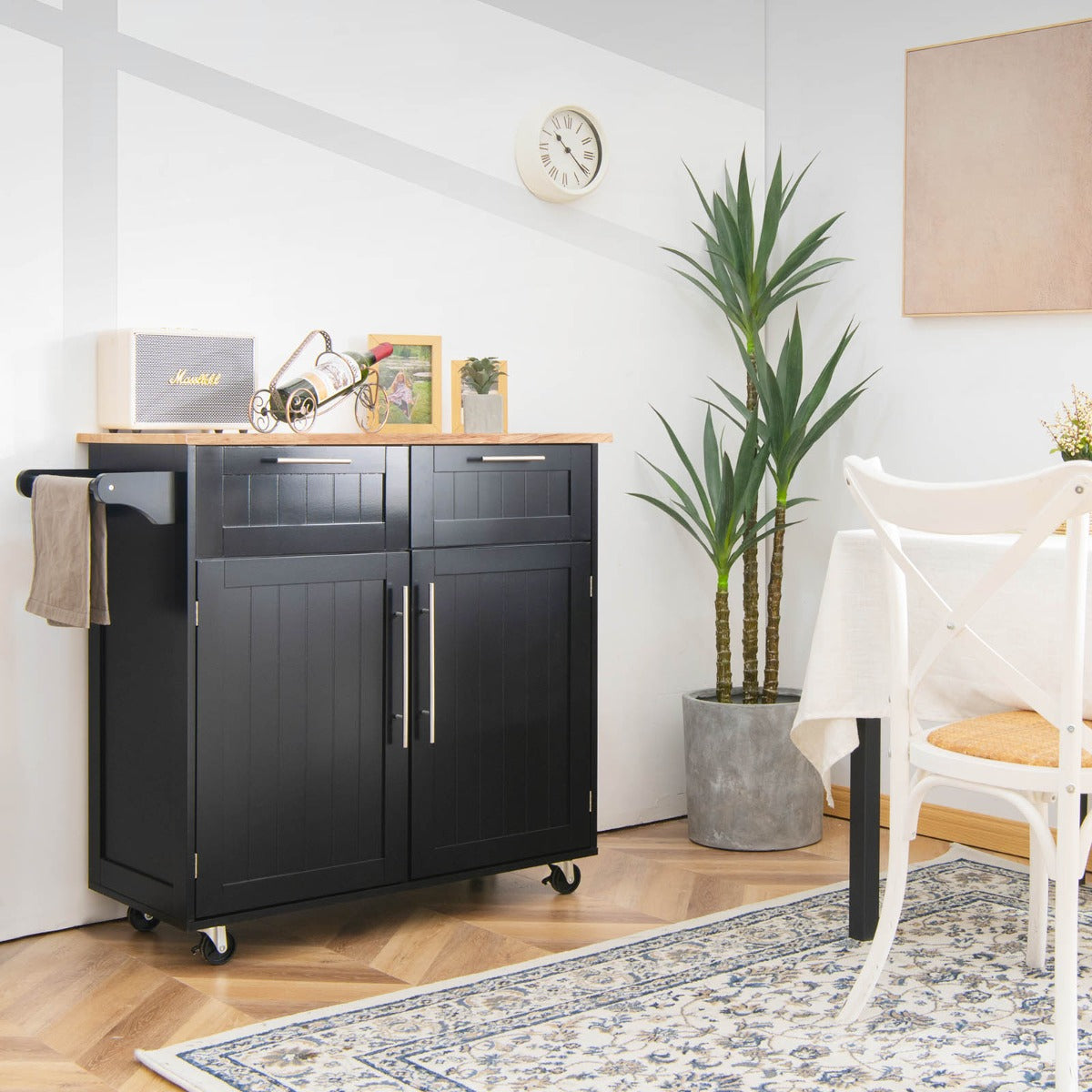 Chariot de Rangement, Ilot de Cuisine, Desserte a Roulette, Desserte de Cuisine, 2 Tiroirs, 2 Portes, Noir, Costway, 4