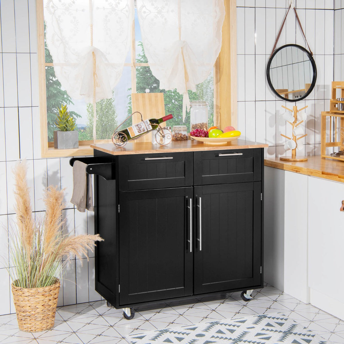 Chariot de Rangement, Ilot de Cuisine, Desserte a Roulette, Desserte de Cuisine, 2 Tiroirs, 2 Portes, Noir, Costway, 2