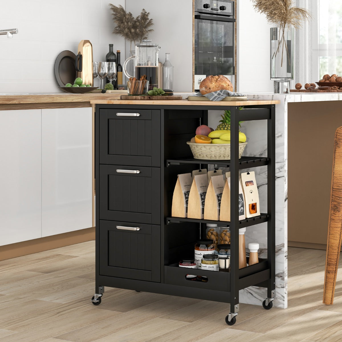 Chariot de Rangement, 3 Tiroir, 3 Niveaux, Ilot de Cuisine, Desserte a Roulette, Desserte de Cuisine, Noir, Costway, 3