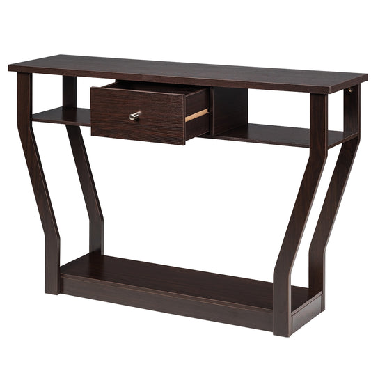Console d'entrée, Console Meuble, Table Console, Petite Console Entrée,avec un Tiroir et 3 Compartiments, Brun, Costway, 1