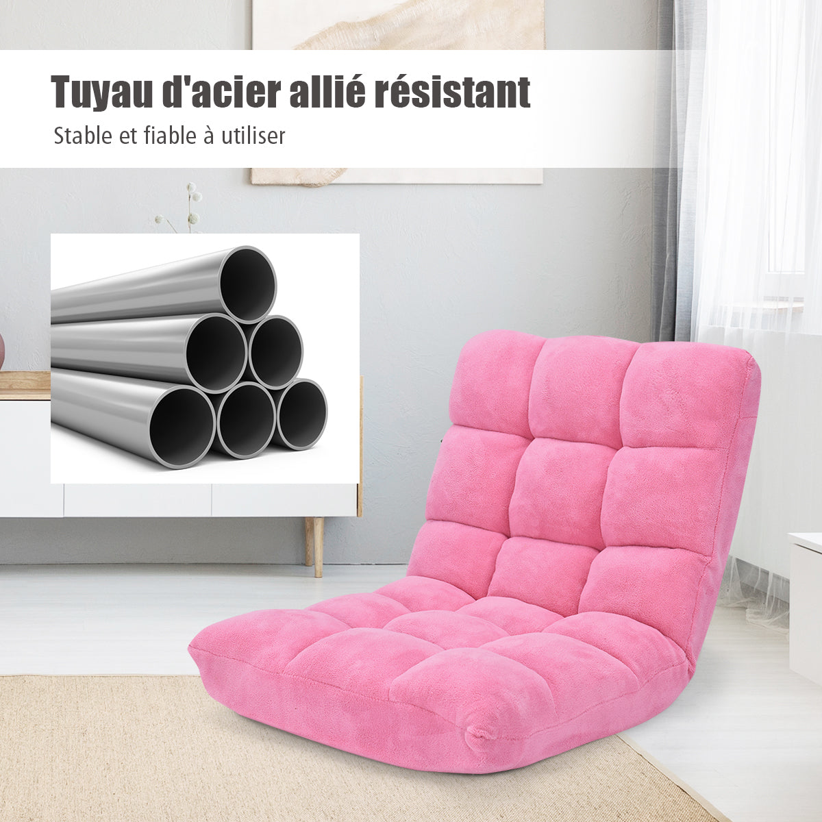Chaise de Sol, Canapé Lit, Banquette Convertible, Canapé Lit Convertible, avec 14 Positions Réglables, Rose, Costway, 8
