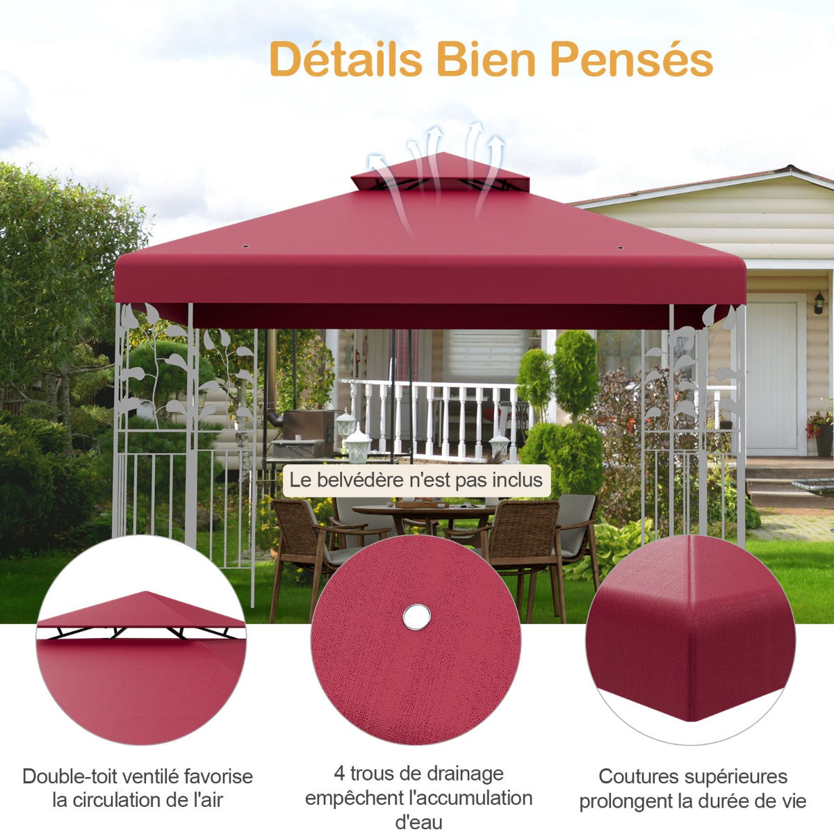 Pergola Terrasse, Tonnelle de jardin, Toile Supérieure 3x3m pour Tonnelle à 2 Niveaux Toile de Gazebo Boucles, Costway, 6