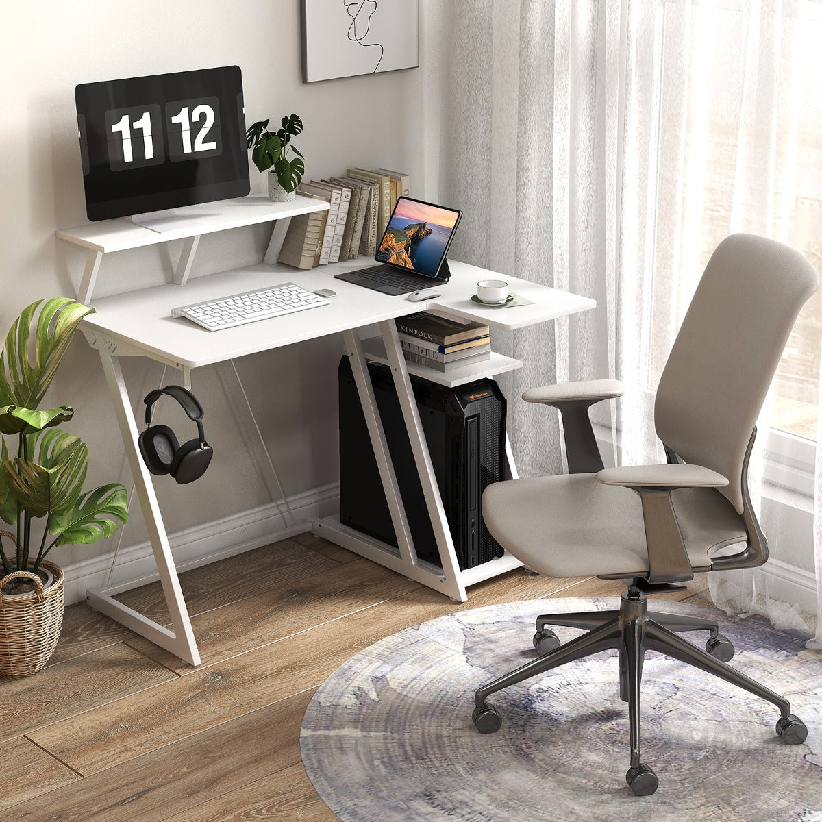 Table, Bureau Ordinateur, Table de Bureau, Poste de Travail avec Prises et Ports USB, Bureau de Jeu, Blanc, Costway, 3
