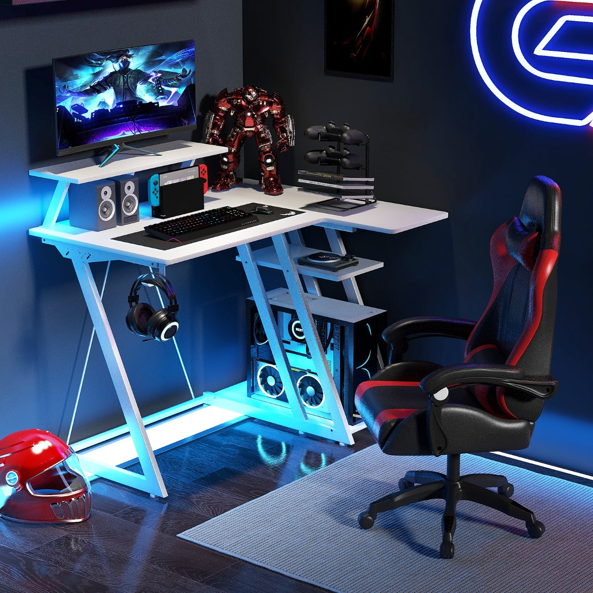 Table, Bureau Ordinateur, Table de Bureau, Poste de Travail avec Prises et Ports USB, Bureau de Jeu, Blanc, Costway, 2