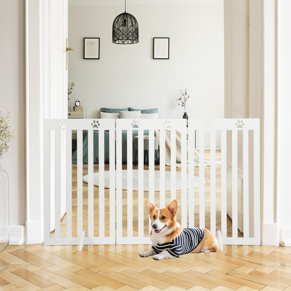 Barriere Chien, Barrière pour Chien sans Percer, Autoportante 3 Panneaux en Bois Charnières Métalliques à 360° Blanc, Costway, 3