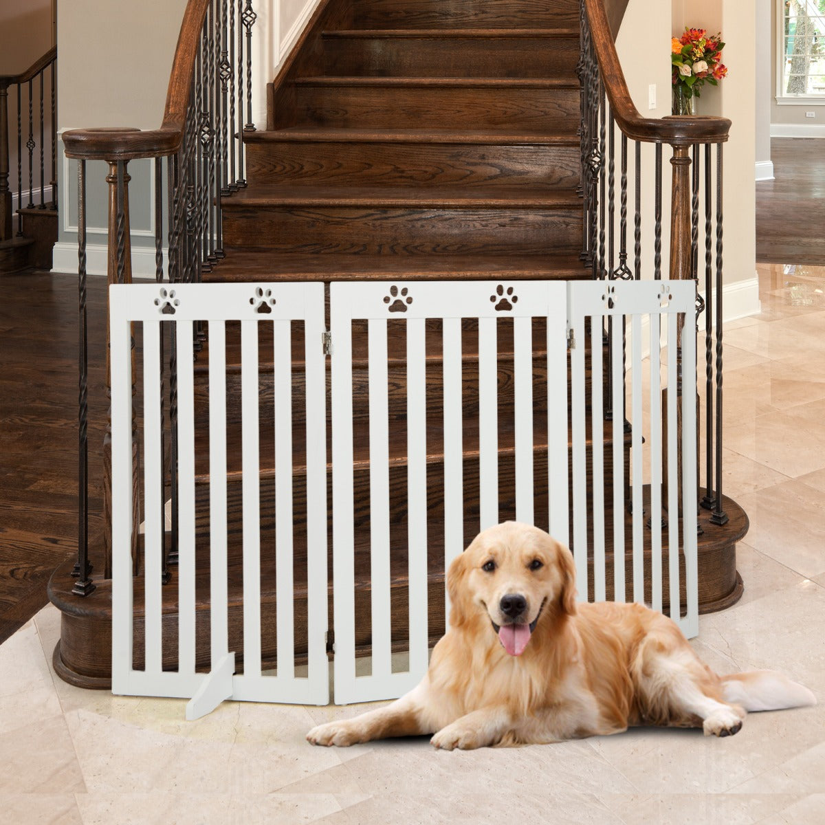 Barriere Chien, Barrière pour Chien sans Percer, Autoportante 3 Panneaux en Bois Charnières Métalliques à 360° Blanc, Costway, 2