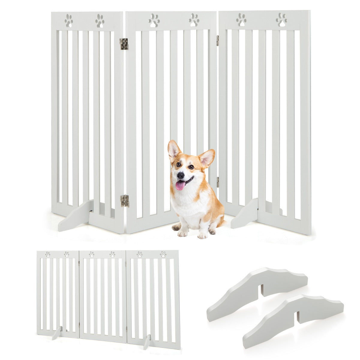 Barriere Chien, Barrière pour Chien sans Percer, Autoportante 3 Panneaux en Bois Charnières Métalliques à 360° Blanc, Costway, 1