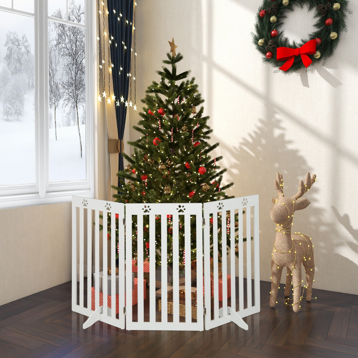 Barriere Chien, Barrière pour Chien sans Percer, Autoportante 3 Panneaux en Bois Charnières Métalliques à 360° Blanc, Costway, 4