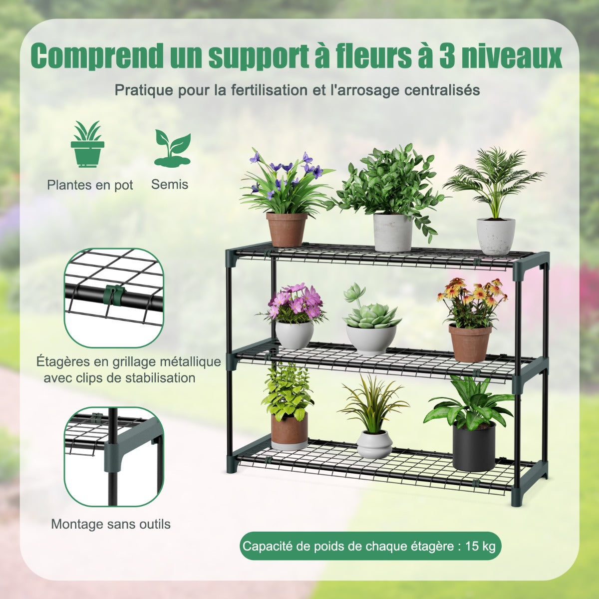 Serre de Jardin, avec Étagère à Plantes 3 Niveaux 2 Portes Zippées, Jardin Couvert, Adossée en PE, Vert, Costway, 5