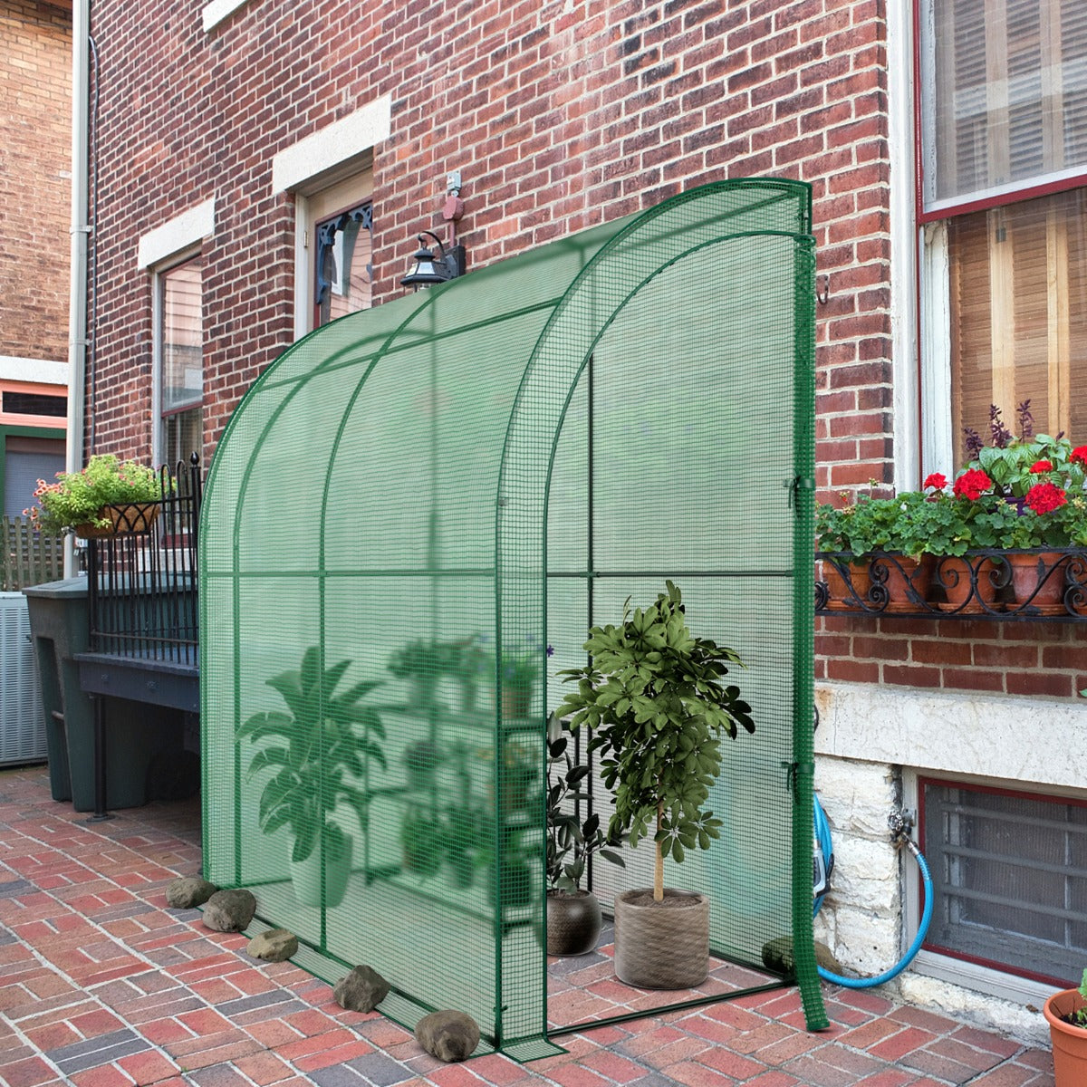 Serre de Jardin, avec Étagère à Plantes 3 Niveaux 2 Portes Zippées, Jardin Couvert, Adossée en PE, Vert, Costway, 3