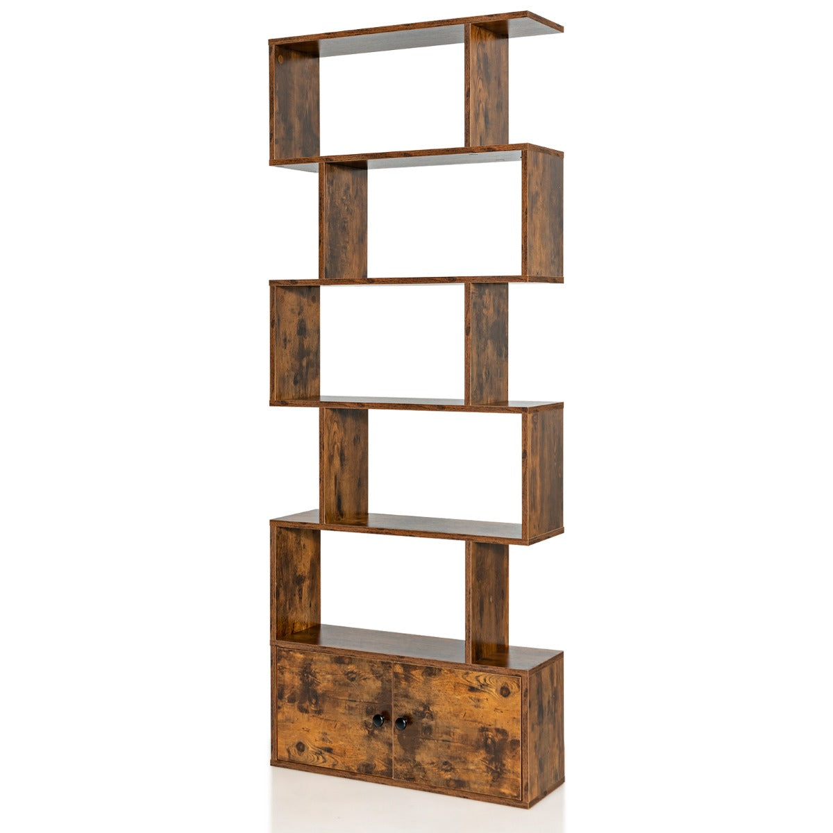 Étagère Bibliothèque, Etagere de Rangement, Etagere Colonne, Échelle en Bois à 6 niveaux avec 2 Portes, Marron Rustique, Costway, 1