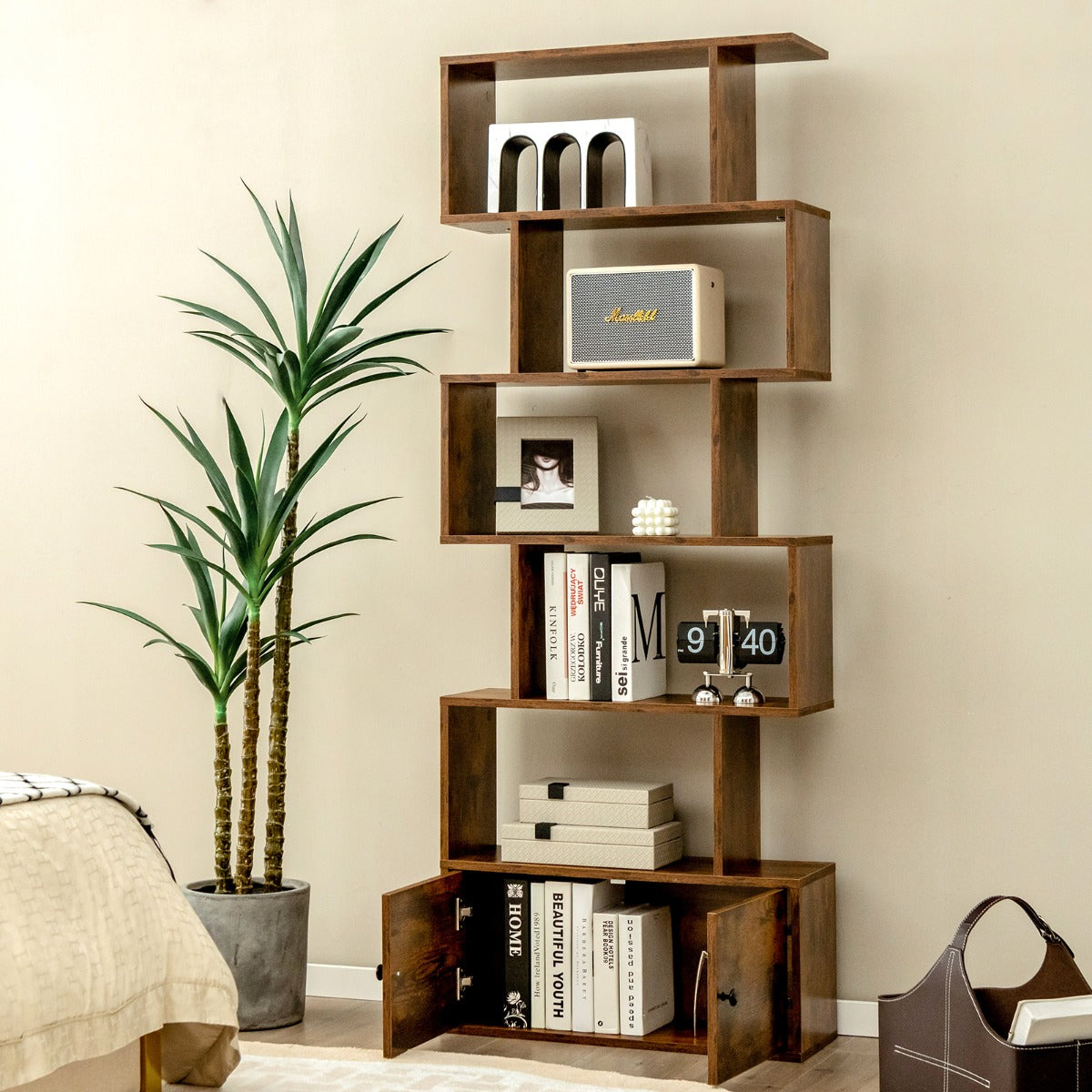 Étagère Bibliothèque, Etagere de Rangement, Etagere Colonne, Échelle en Bois à 6 niveaux avec 2 Portes, Marron Rustique, Costway, 4