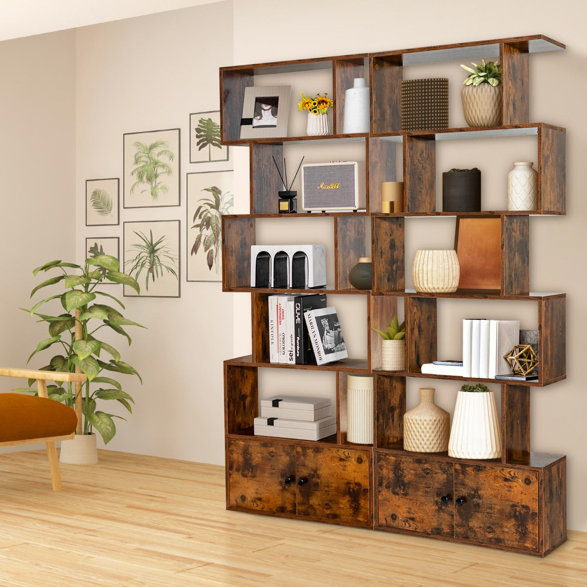 Étagère Bibliothèque, Etagere de Rangement, Etagere Colonne, Échelle en Bois à 6 niveaux avec 2 Portes, Marron Rustique, Costway, 5