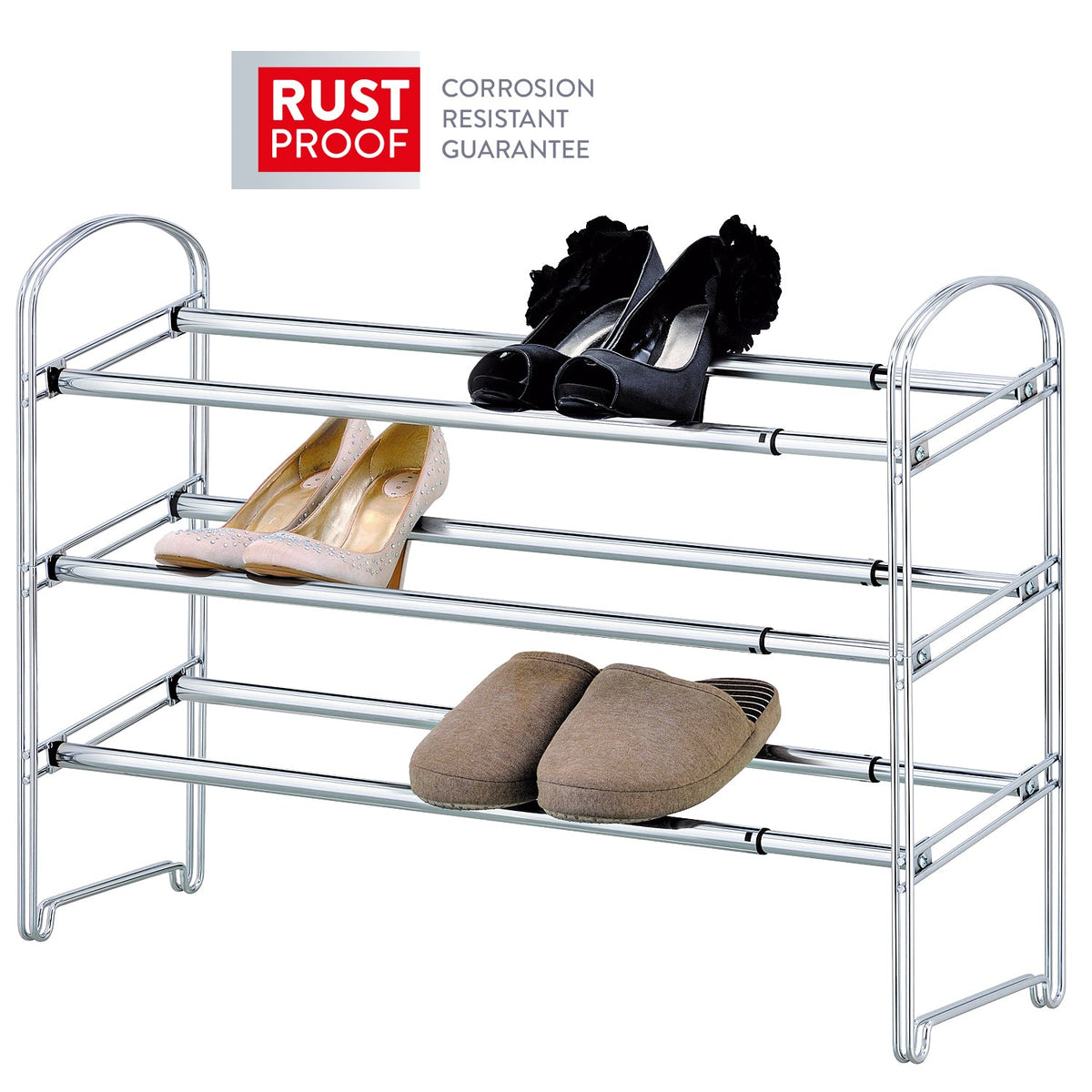Etagère à Chaussures en Acier Chromé 3 Etages, Porte-Chaussures Extensible, 64.5-118.5x22.5x53.5cm., L’acier chromé , Tatkraft Maestro