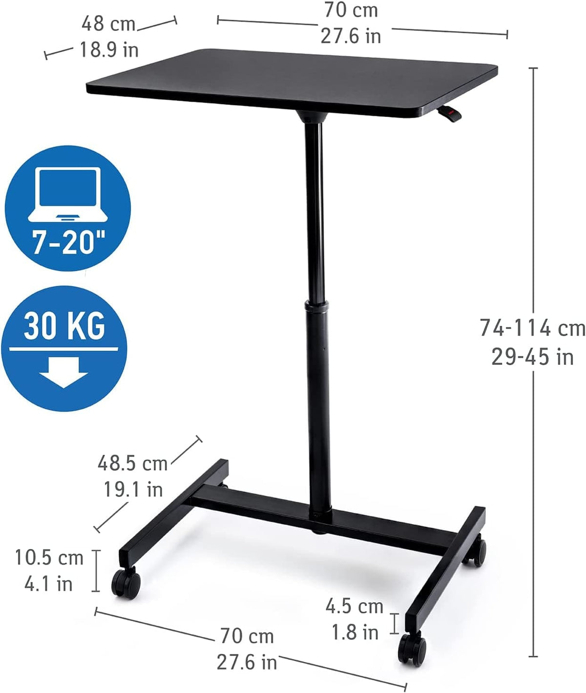 Table pour Ordinateur, Grand plateau de table 48-70 cm, hauteur réglable 74-114 cm, Tatkraft Focus