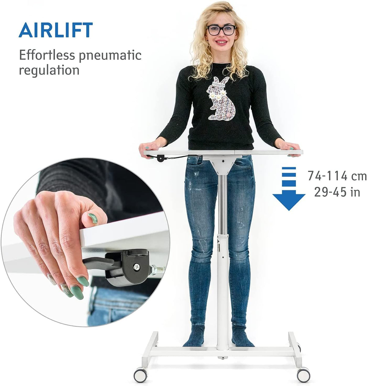 Bureau pneumatique pour ordinateur portable, réglable en hauteur de 74 à 115 cm, roues pivotantes à 360 degrés, Tatkraft